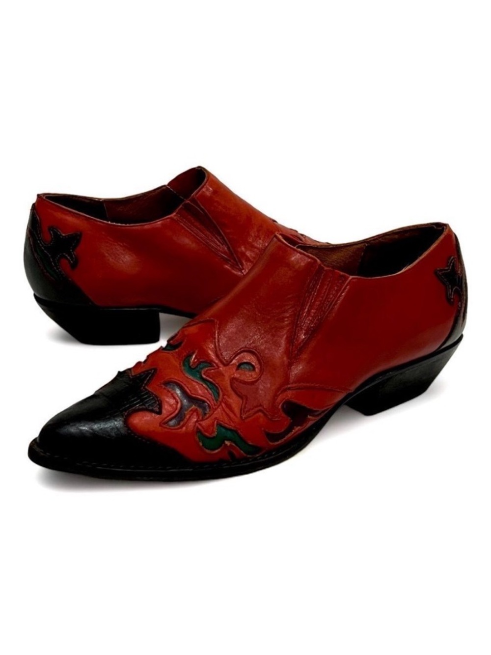 Hunt Club Red Leather Jennifer Western Bootie with Purple & Green Inlays Sz 6.5